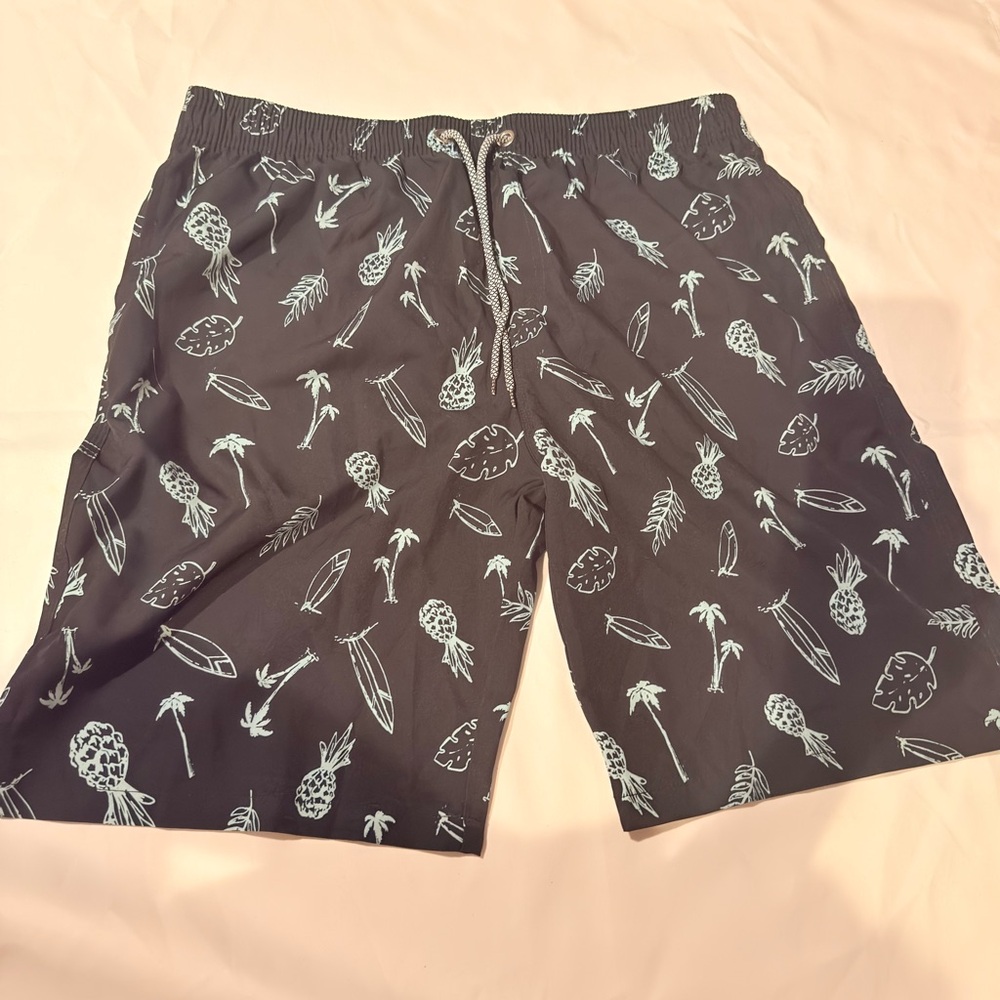 Men's Black Swim Trunks with Mint Tropical Print